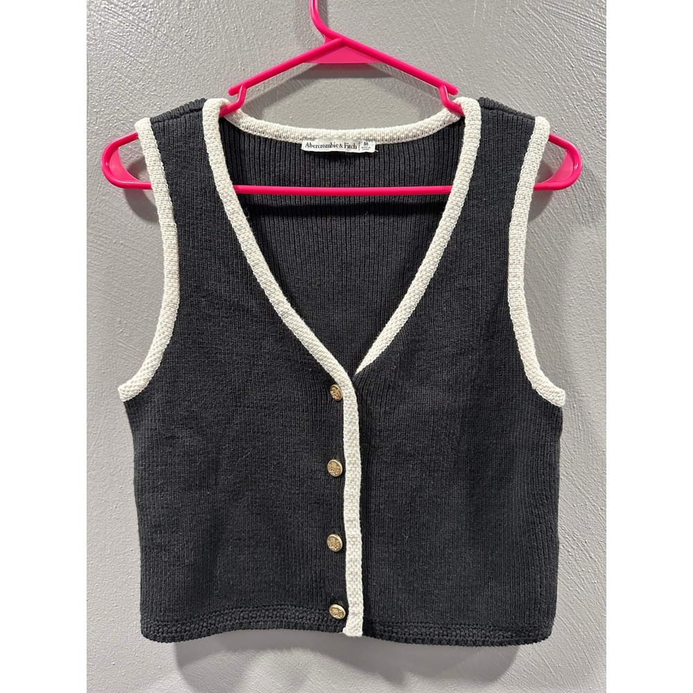 Abercrombie & Fitch Grey Knit Sweater Vest Gold Crest Button V-Neck Contrast